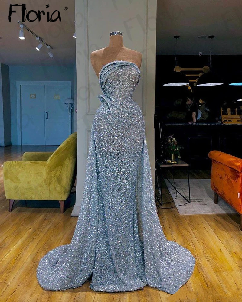 

Арабское блестящее платье для выпускного вечера, голубое платье с бусинами, элегантное женское вечернее платье без бретелек, платье для второго приема, вечернее платье