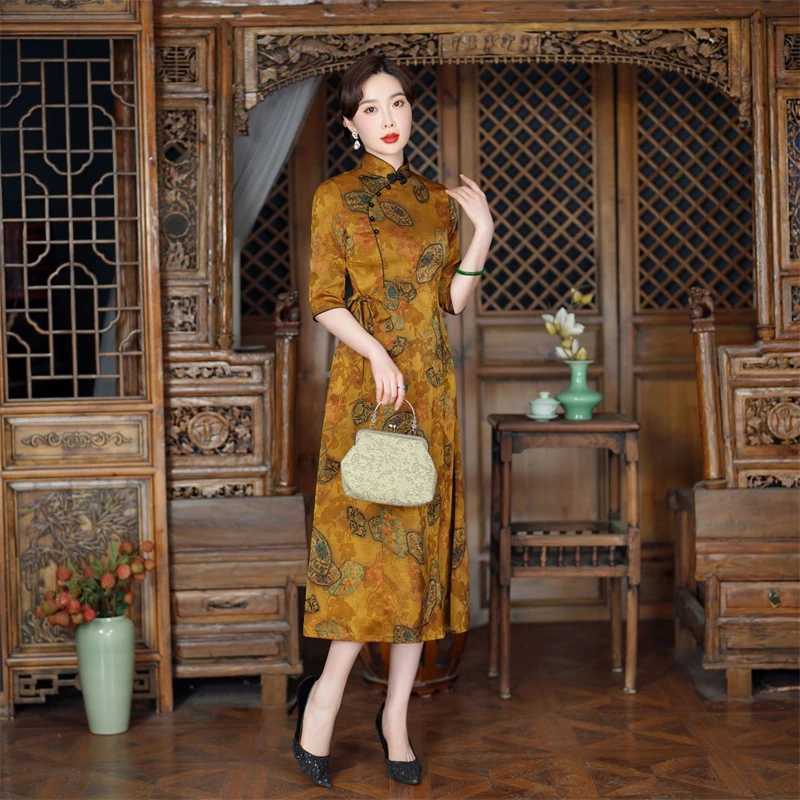 Vintage Mandarin Collar Cheongsam A-line Dress Chinese Style Traditional Women Elegant Qipao Vestidos