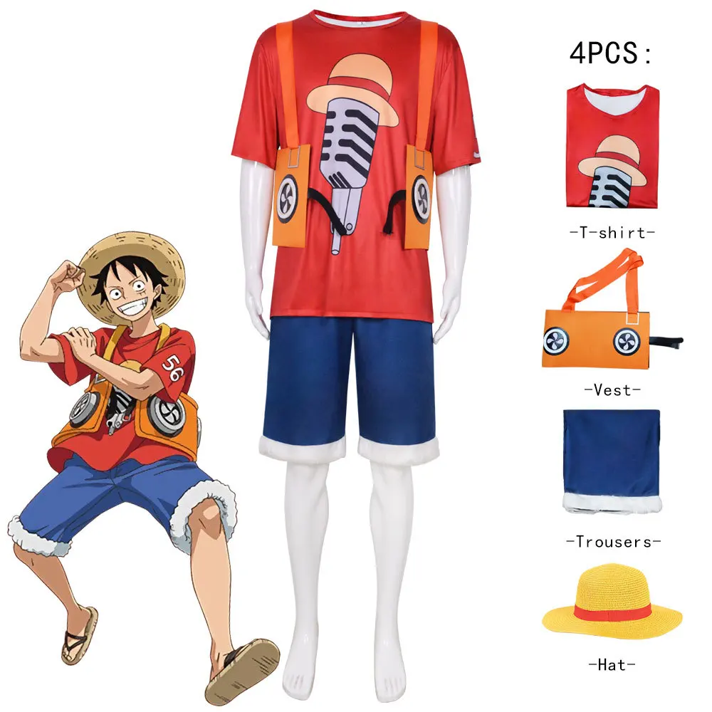 

NEW Anime ONE PIECE Monkey D Luffy Cosplay Costumes Red Shirt Short Blue Pant Hat Halloween Christmas parties Fancy suit