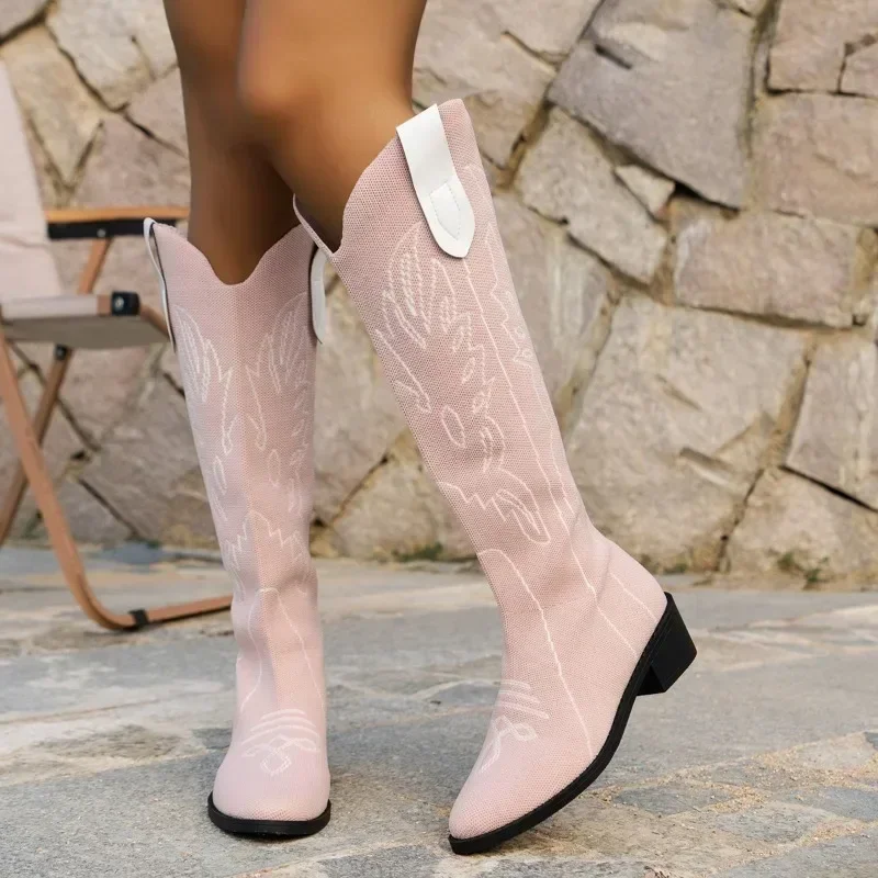 

Женские вязаные сапоги до колена, элегантные женские сапоги с вышивкой, без застежки, с острым носком, обувь на квадратном каблуке, 2023