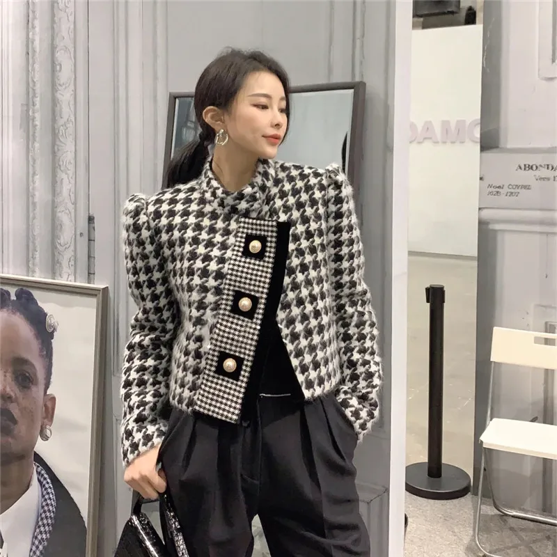 

2022 Luxury Brand Tweed Thousand Bird Lattice Coat Ladies Elegant Fall Winter New Fashion Leisure Short Woolen Jacket Female