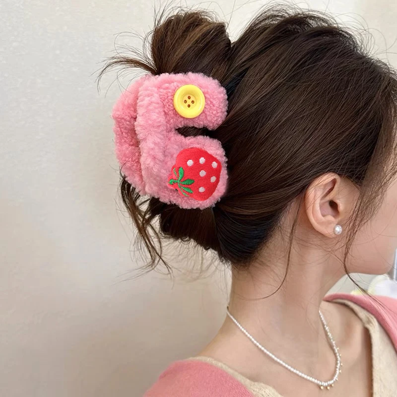 AWAYTR Pink U-shape Strawberry Button Hair Claws Plush Clips Crab For Women Girl Gift Accessories Valentine Headwear
