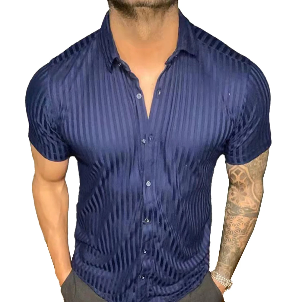 2023 Fashion Men Shirt Summer Short Sleeve Shirts Male Casual Slim Fit Striped Business Top Man Shirts Button Down Tops