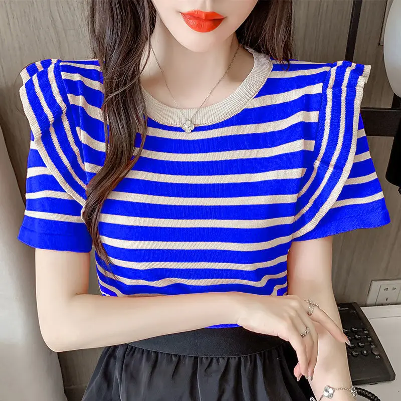 

2022 Women's Summer Fashion Striped Casual Shirts Tops Female Short Sleeve Tops Blouses Ladies O-neck Pullover Shirts H21