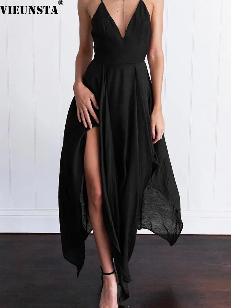 

Sexy Deep V Neck Chiffon Boho Dress Women New Spring Backless Solid Irregular Dress Summer Sleeveless Split Straps Beach Dresses