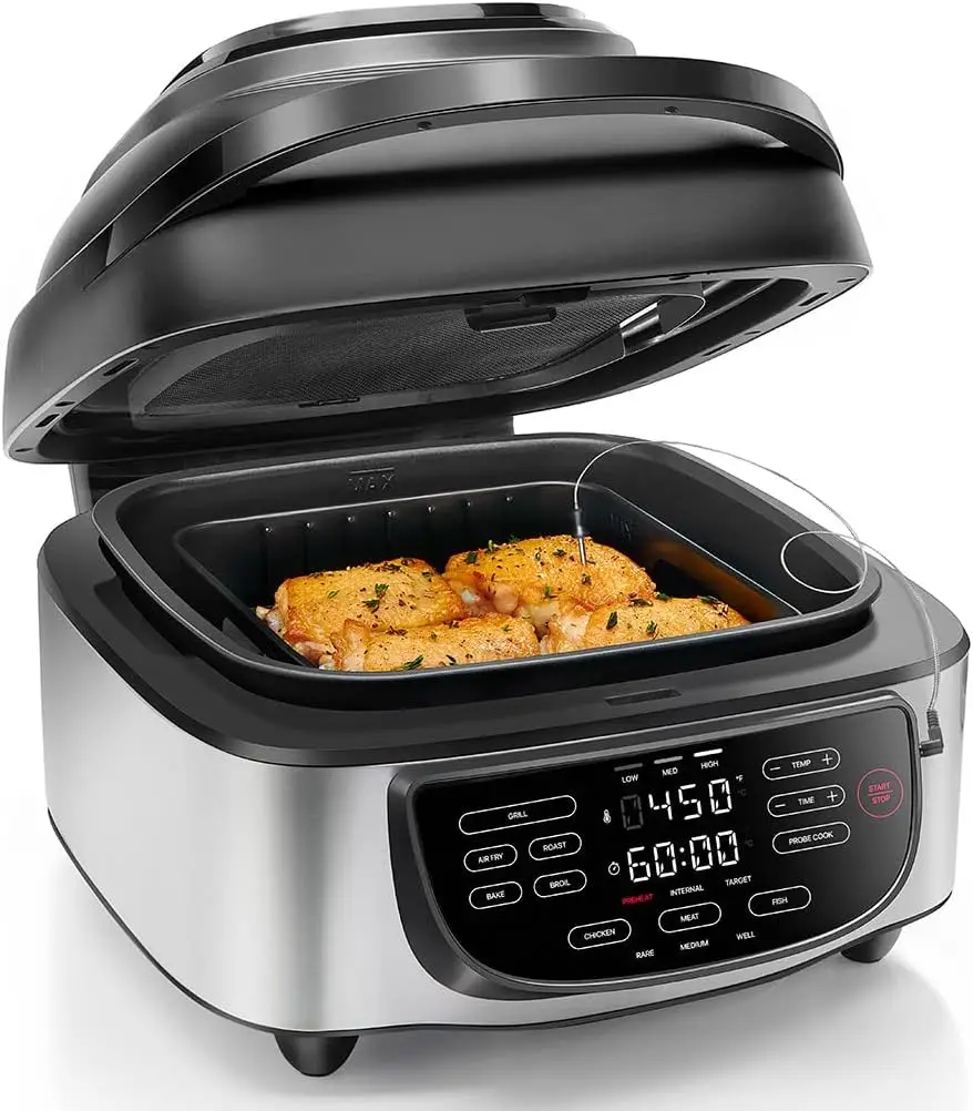 

Indoor Air Fryer + Grill Does It All, Countertop-Size 5-in-1 Unit Can Air Fry, Grill, Roast, Bake, and Broil, Removable Integrat