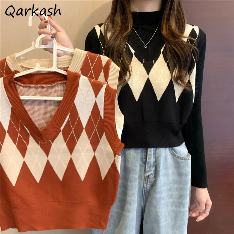 

Sweater Vest Women Cropped Argyle V-neck Simple Retro Spring Preppy All-match Cozy Daily Casual Knitwear Ulzzang Chic Femme Ins