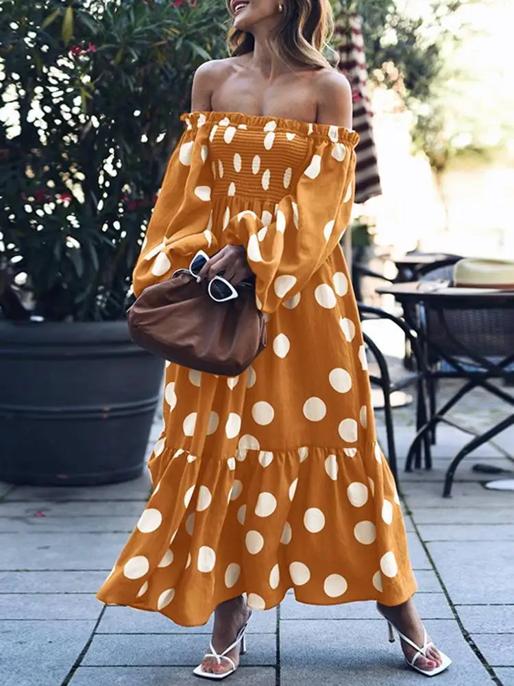 

Sexy Off Shoulder Party Dress 2022 VONDA Oversized Summer Women Long Sleeve Strapless Polka Dot Print Maxi Dresses Robe Femme