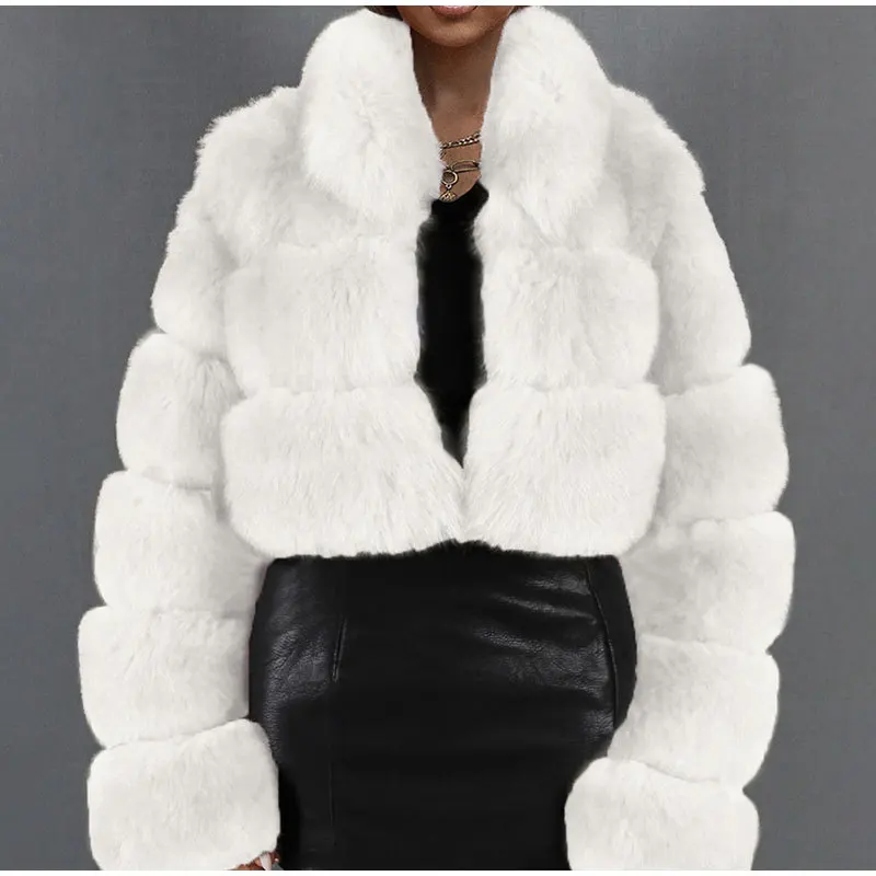 Winter Faux Fur Coat Women Fashion Plush Thermal Slim Fit Coat Women Casual Long Sleeve Turtleneck V-neck Stitching Korean Coat