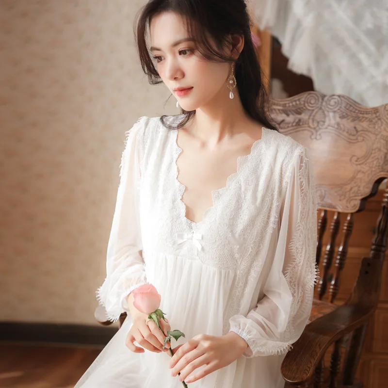 Fairy White Victorian Night Dress Women Spring Autumn Mesh Long Sleeve Sleepwear Princess Sexy Lace Peignoir Vintage Nightgowns
