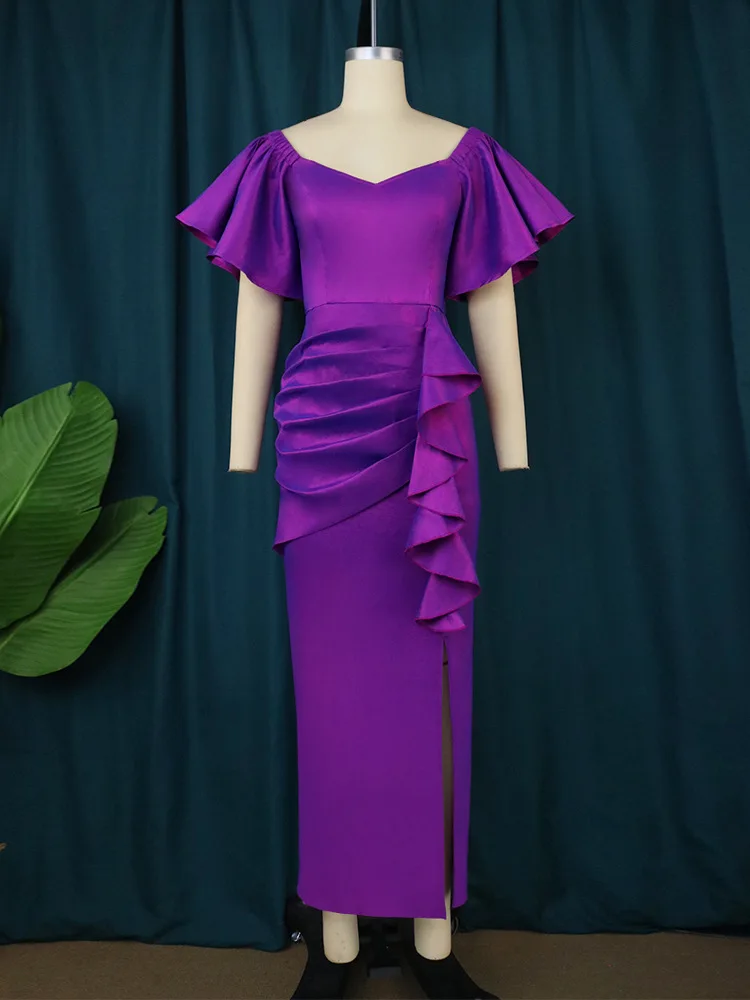 Plus Size Dresses Solid Square Neck Dress Mid-Calf Tierred Ruffle One Step Dress Party Dresses Evening Dresses Flare Sleeve