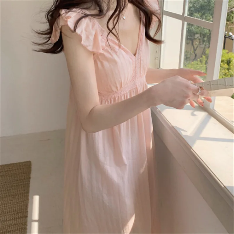 New Korean Sleepwear Sweet Princess Style Halter Pajamas Women Summer Cotton Sleeveless V-neck Pajamas Home Wear Long Dress