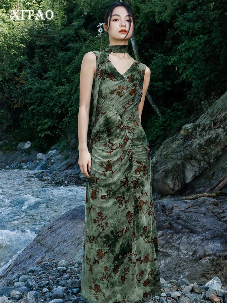 

XITAO Leopard Dress Knitted Pleated Sleeveless Pullover Goddess Fan Casual Style 2022 Summer Sheath Long Dress WMD6656