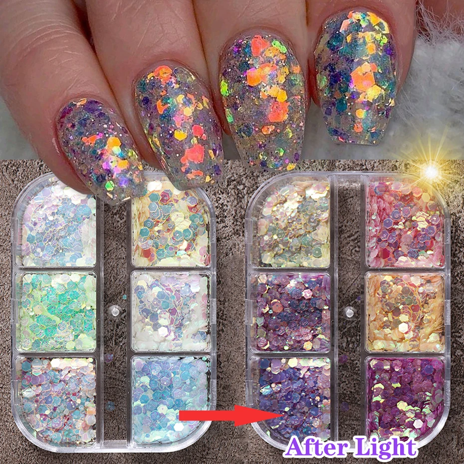 

Блеск для ногтей меняющий цвет хлопья УФ-лампы Dis Color ed крупные фрагменты ногтей шестиугольная голографическая Русалка блёстки для маникюра...