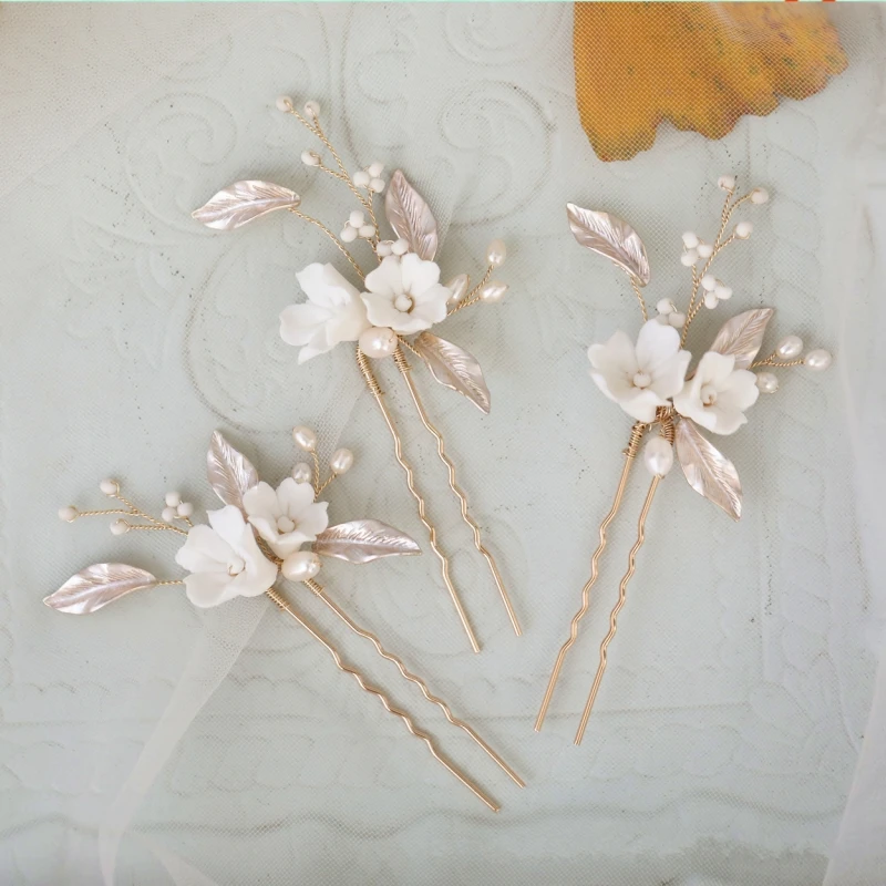 

Delicate Floral Hair Pins Bridal Accessories Gold Color Leaf Headpiece Women Bobby Pin Freshwater Pearls Wedding Jewelry