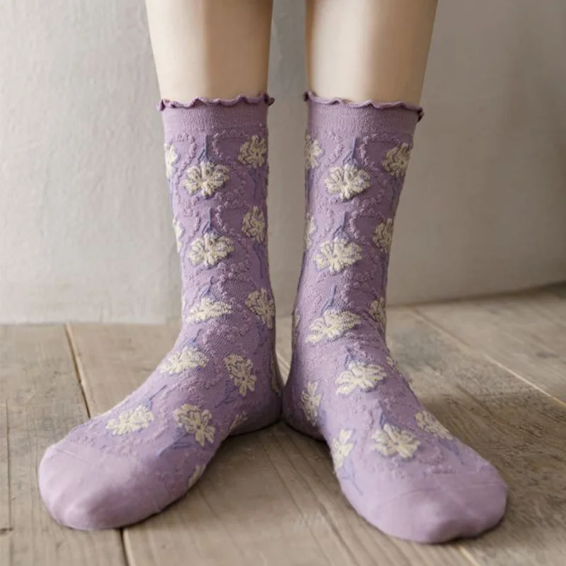 5 Pair Crimping Flowers Long Autumn Winter Socks Woman Kawaii Socks Women Breathable Japanese Style Pure Cotton Sock Fashion New