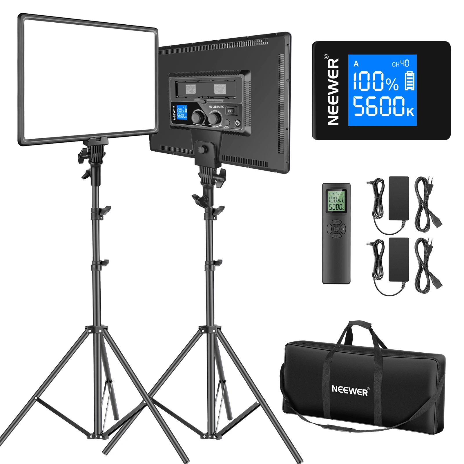 

Neewer 90W LED Video Lighting with 2.4G Wireless Remote Kit:2-Pack Dimmable Bi-Color 18 LED Panel+ Light Stand,45W 4800LM CRI95