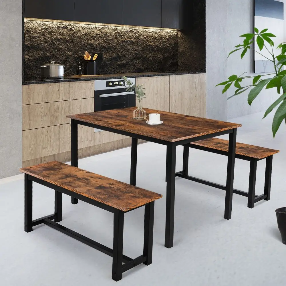 

3-Piece Kitchen Dining Table Set Wooden Table With 2 Benches Compact Furniture