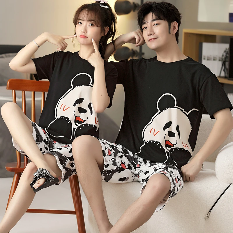 5XL Cartoon Panda Couple Pajamas Sets Women Pijama Cotton Korean Men Sleepwear Short Sleeve Lovers Night-Clothes 2PCS Nightwear