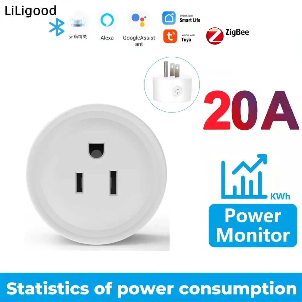 

Power Monitor 20A 16A Tuya Smart Zigbee Socket Plug US Wireless Control Outlet with Energy Timer Works with Alexa Google Home