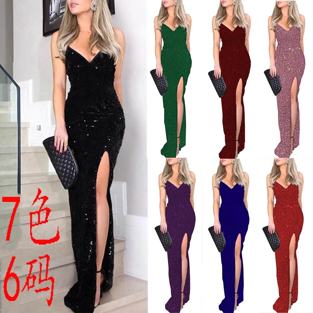 

Women's New Gilded dress sexy split high waist dress with V-neck dress