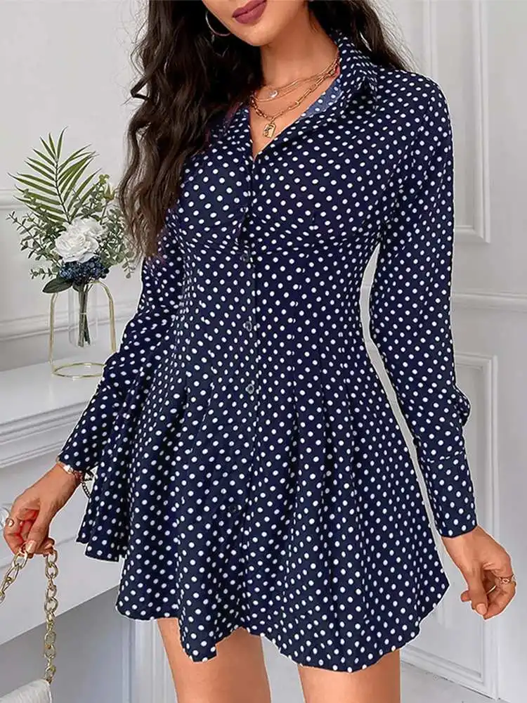 

Вечерний Повседневный короткий сарафан большого размера 2022 модное платье в горошек Женские Элегантные платья-рубашки ZANZEA весенний праздни...