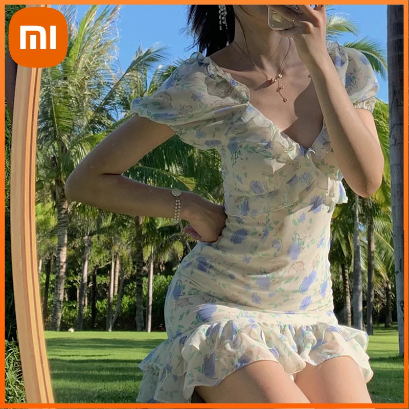 

Xiaomi Summer Vintage Floral Dress Women Elegant Fairy Lace-up Party Ruffle Dress Female Casual Evening Holiday Beach Dress