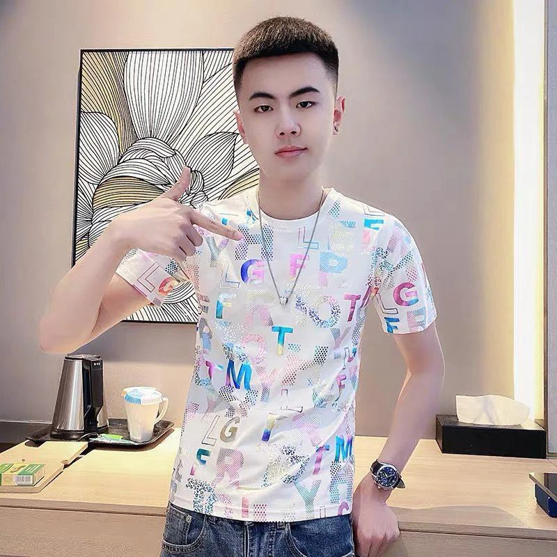 

Bright Face Printed Short Sleeve T-shirt Men's Summer 2023 New Fashion Brand Ins Slim Half Sleeve Shirt Y2K Top