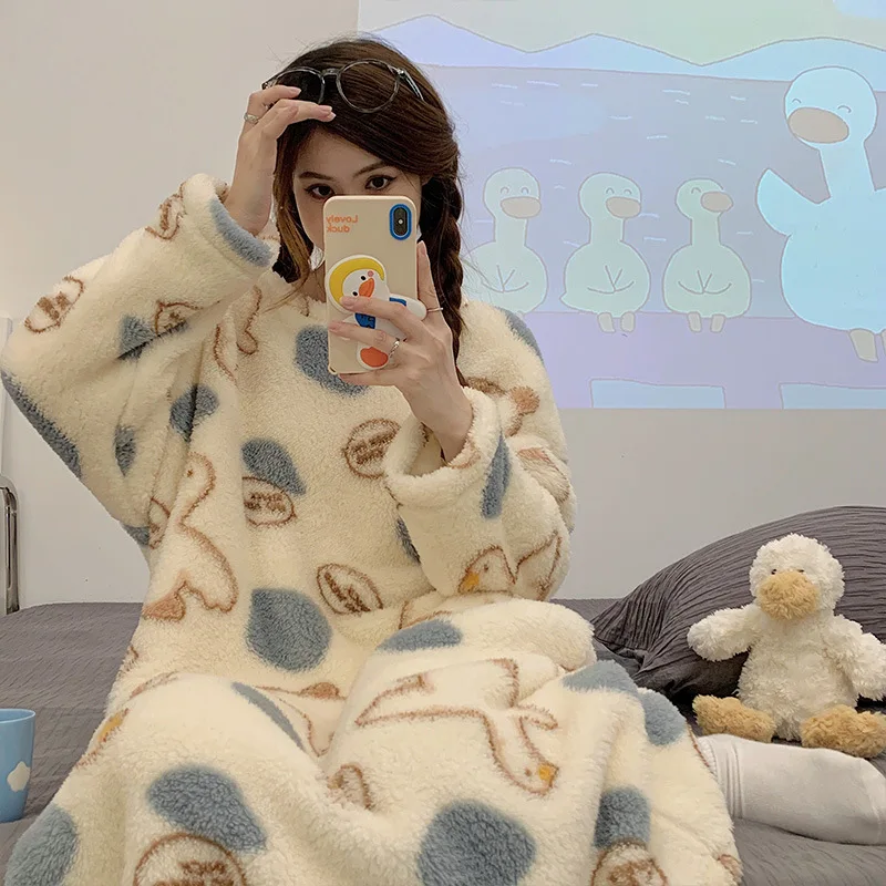 Yasuk Winter Fashion Women's Casual Lovely Print Duck Warm Soft Sleepwear Loose Pajamas Nightdress Flannel Pullover Kawaii