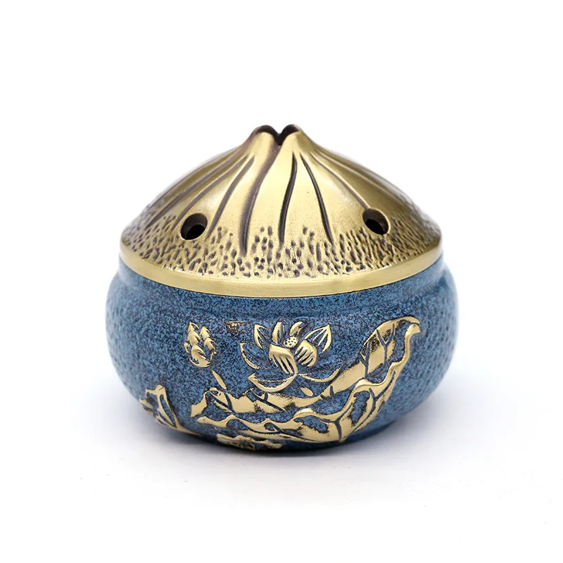 

Pure Copper Lotus Carved Incense Burner Bud Hollow Lid Censer Crafts Home Decoration Round Brass Multipurpose Incense Burner