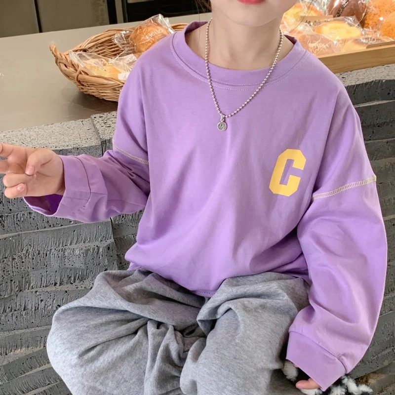 Spring Autumn unisex letter printed long sleeve Tees Boys and Girls cotton loose T shirts