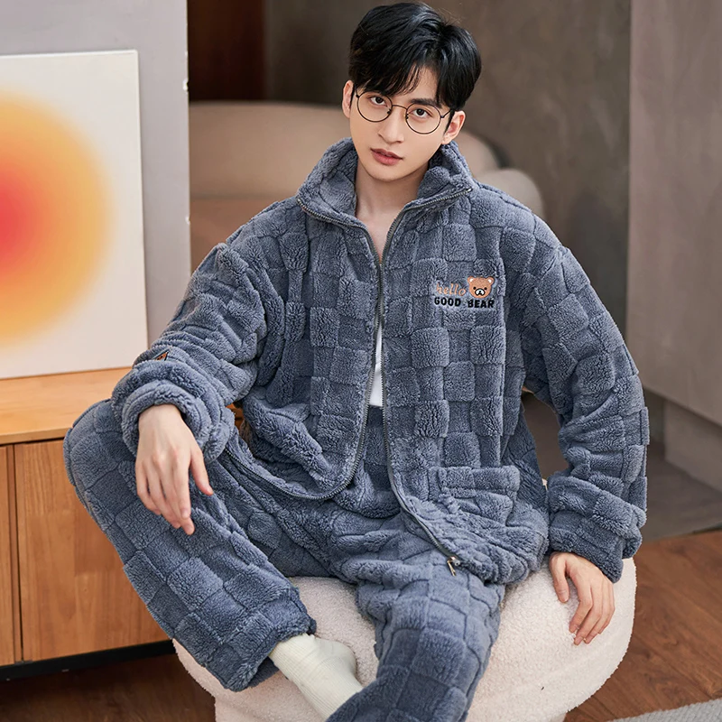 QUHENG Coral Fleece Pajamas Men Set Thicken Warm Autumn Winter Letter Zipper Home Clothes Suits Thick Warm Pijamas Sleepwear
