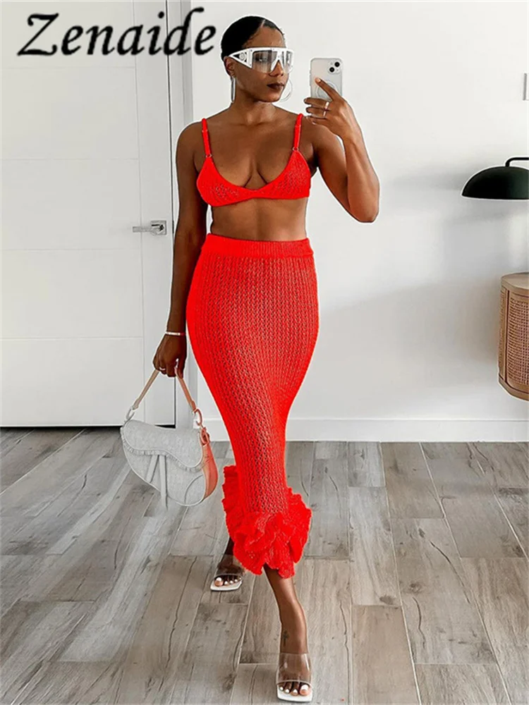 

Zenaide Fall Women Party Club Knit 2 Piece Set Crochet Sheer Sexy Cleavage Camis Top+High Waist Stacked Hip Skirt Outfits Female