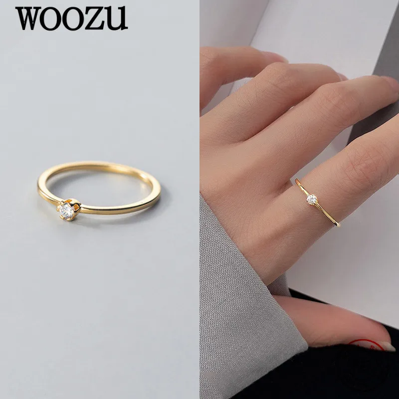 

WOOZU 925 Sterling Silver Simple Round Luxury Crystal Zircon Finger Rings For Women Personality Rock Party Delicate Jewelry Gift