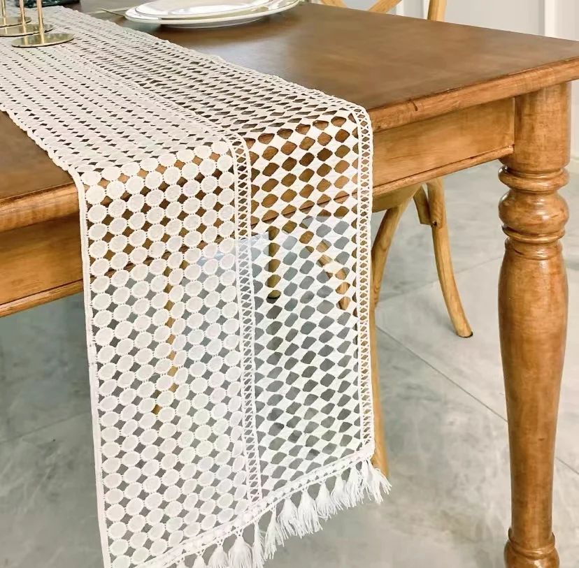 

Beige Table Runner Christmas Crochet Lace Cotton Blended Fabric with Tassel For Coffee Table Decor Wedding Room Decoration
