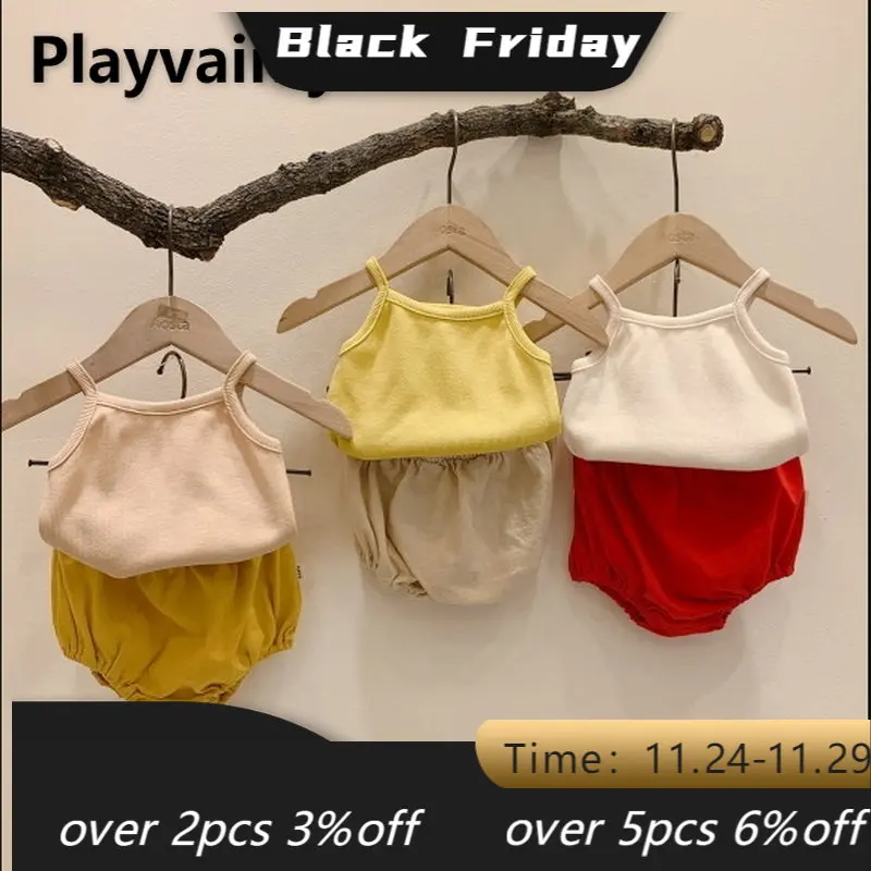 

Летние новые комплекты из 2 предметов для маленьких девочек, хлопковый жилет на бретелях + шорты из ПП, однотонная мягкая фототкань E135