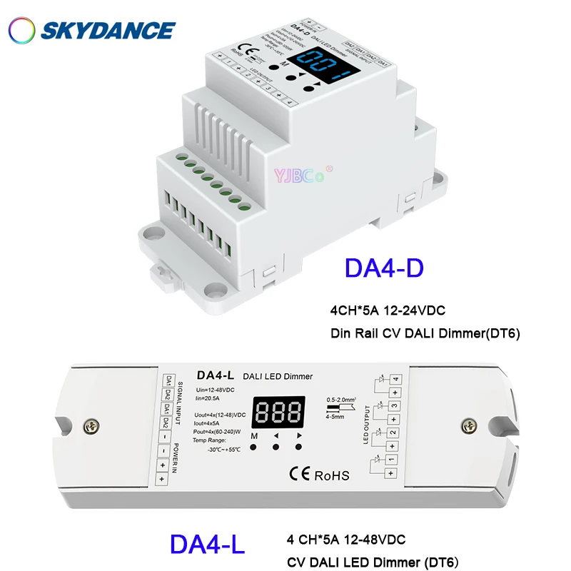 DA4-D(Din Rail) DA4-L 4 Channel 4CH DT6 single color Led strip CV DALI LED Dimmer PMW dimming 12V-24V 4CH,5A/CH Numeric display