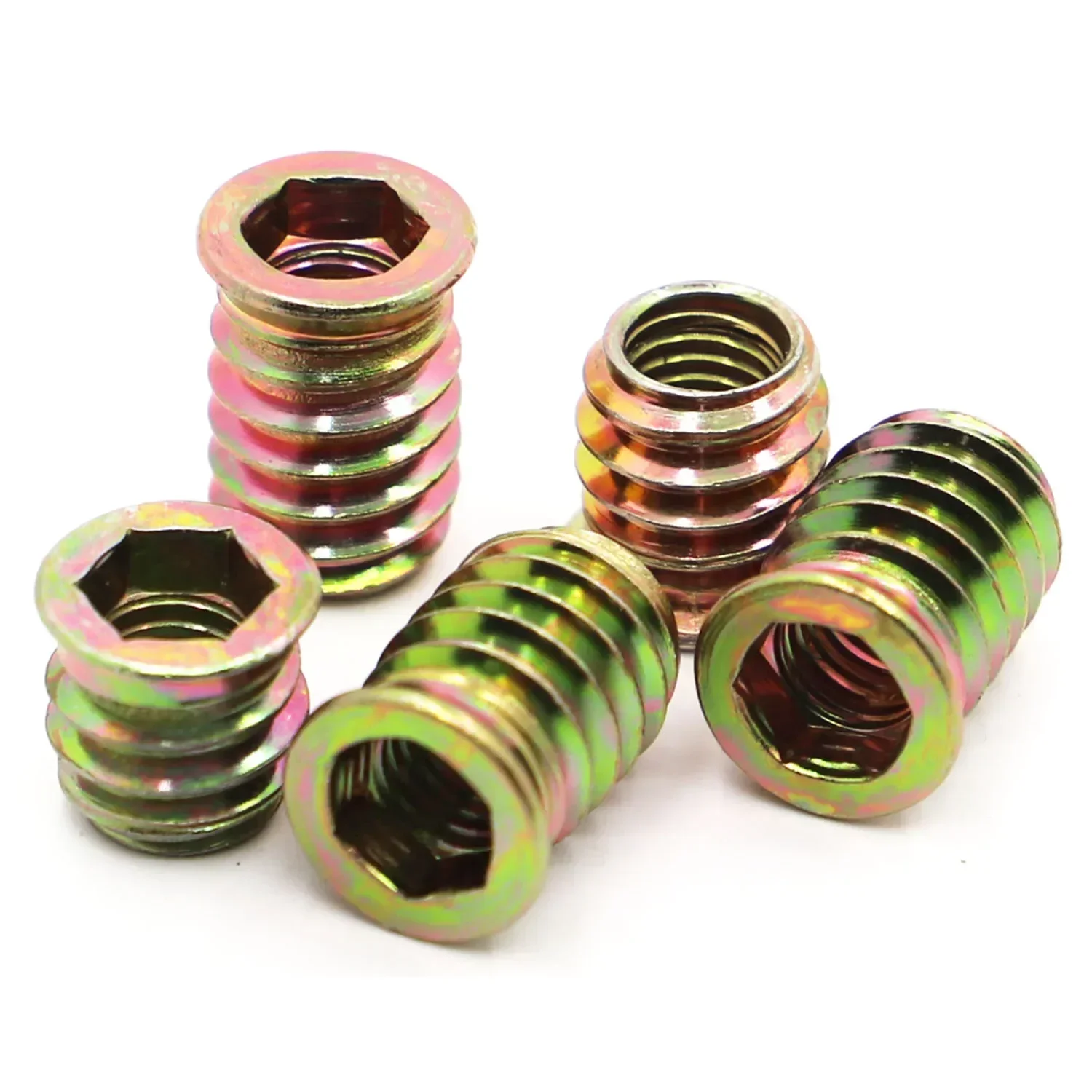 

10 шт., оцинкованная резьба из углеродистой стали для деревянной вставки, гайка, шестигранная фланцевая приводная головка, мебельные предварительно встроенные гайки M6 M8 M10