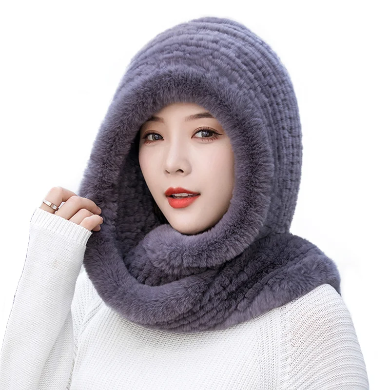 100% Real Fur New Women Real Knitted Rex Rabbit Fur Hat Hooded Scarf Long Winter Warm Fur Hat With Neck Collar Scarves Hat Scarf
