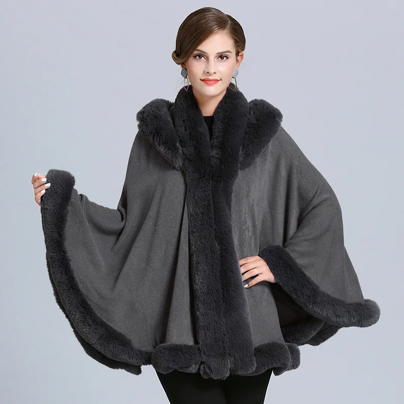 Large size loose faux fox fur collar hooded knit cape shawl coat women