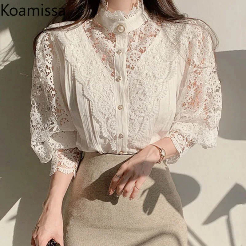 

Koamissa Sweet Women Lace Hollow Out Shir Elegant Office Lady Solid Patchwork Long Sleeves Blouse Spring Autumn Fashion Blusas