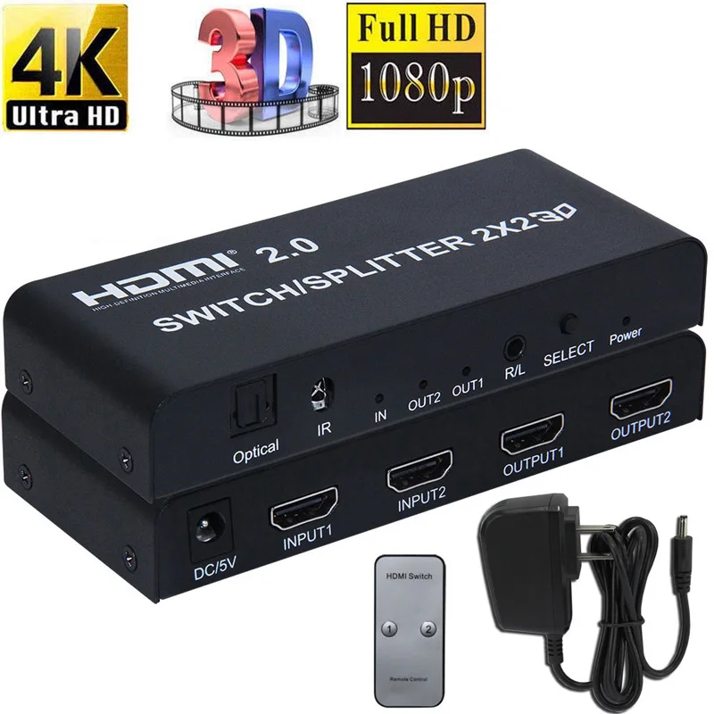 

HDMI 2,0 переключатель сплиттер 2x2 3D с оптическим R/L аудио экстрактор 4K 60 Гц 1080P 1X2 HDMI сплиттер 1x4 для PS4 PS3 ноутбука ПК к телевизору