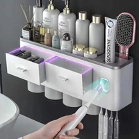 toothbrush wall mounted bathroom stand with tape makeup rack automatic toothpaste squeezer storage box home bathroom accessories