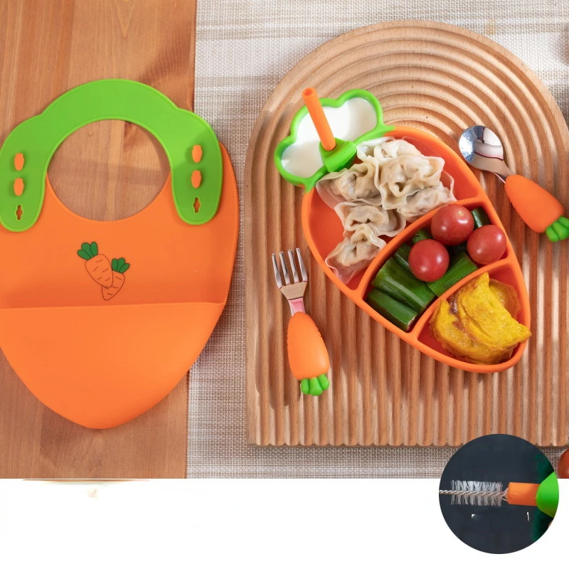 

2/5pcs Children's Dinner Plate Learnning Dishes Silicone Carrot Dinner Plates Fork Spoon Baby Food Supplement Grids BPA Free