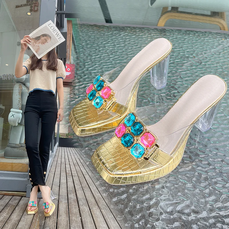 2023 Women's Summer High Heel Slide Mule Lady Cinderella Crystal Diamond Transparent Slippers Sandals Transparent High Heels