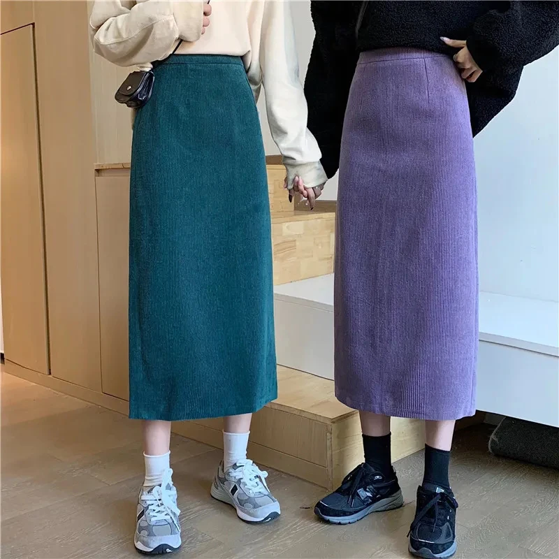 

Осенние вельветовые юбки с высокой талией, Женская Повседневная Длинная юбка с эластичным поясом и разрезом, женская модная уличная одежда, Юбки миди