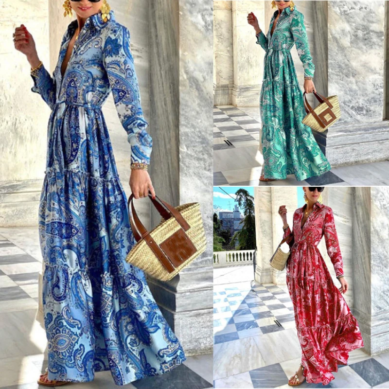 

Sexy Turn-down Collar Button Long Shirt Dress Summer Loose Boho Maxi Beach Dress Women Spring Floral Print Pleated Party Dresses