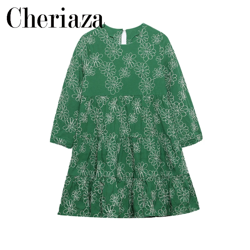 

Woman Green Summer Flower Embroidery Dress Seven Points Sleeve Crew Neck Straight Mini Skirt Ruffled Hem Vintage Dresses Mujer