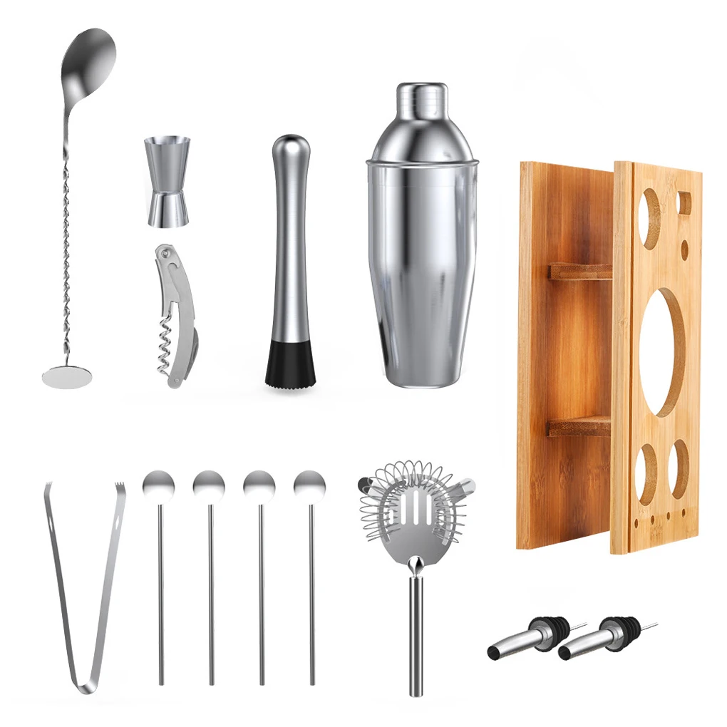 

14 Pieces/set Drink Shaker Double Sided Jigger Set Beverage Mixer with Bamboo Rack Banquet Bartender Equipment 550ml