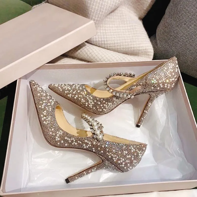 

Wedding shoes women 2021 new single shoes stiletto pointed shallow mouth silver buckle belt pearl crystal bridal high heels